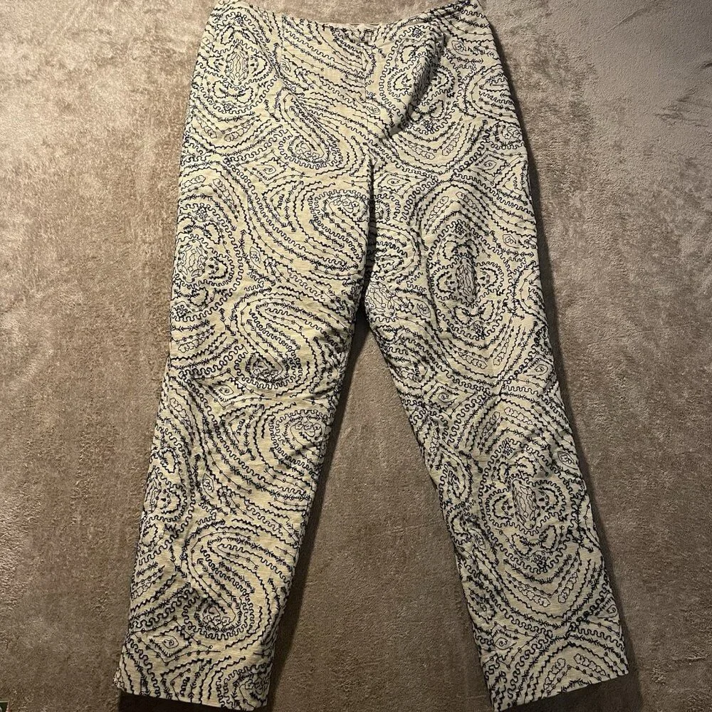 Talbots Pants Womens 10 Linen Tan Black Embroidered Design Cropped Ankle High - Picture 1 of 8